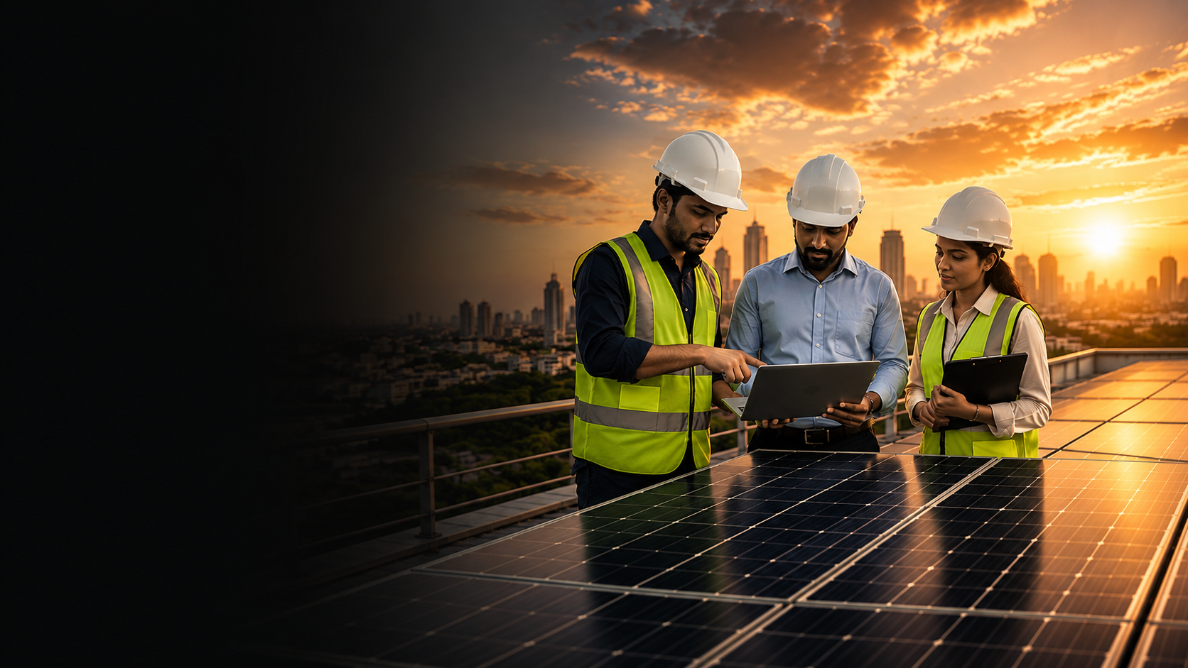 Solar panels on rooftop at sunset